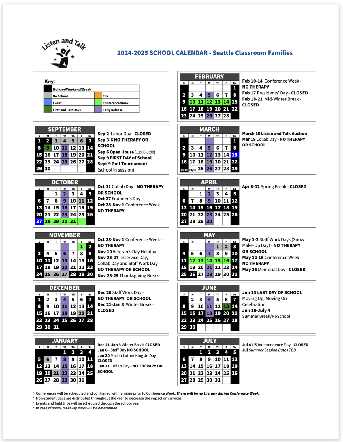 Program Calendars Listen and Talk