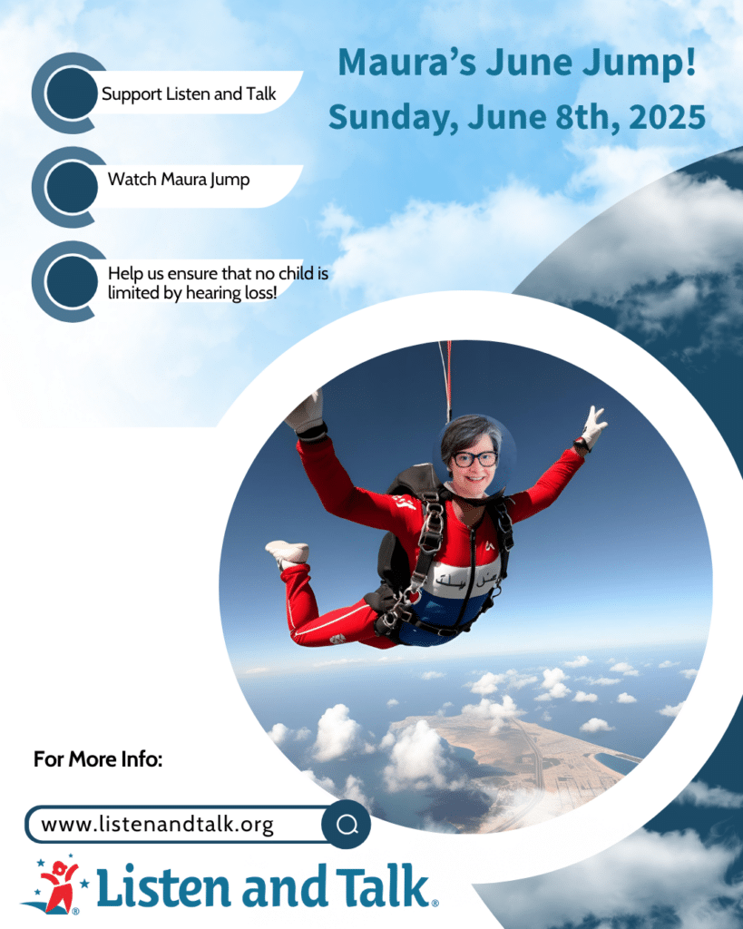 Image of a woman with short grey hair and glasses skydiving in a red, white and blue suit with a cloudy sky behind her.