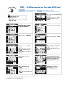 2025-2026 Kirkland Transportation Calendar shows days of transportation from September to July