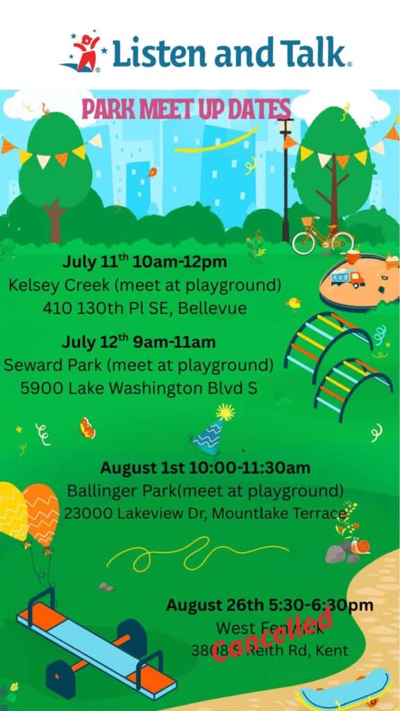 Listen and Talk logo at the top of image of a playground in a park with trees with a list of playdates.