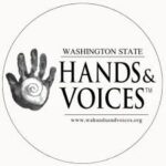 Logo for Washington State Hands and Voices has a black hand with white and grey spiral in the palm of the hand on the left side of the logo. A line is in a circle around the logo.