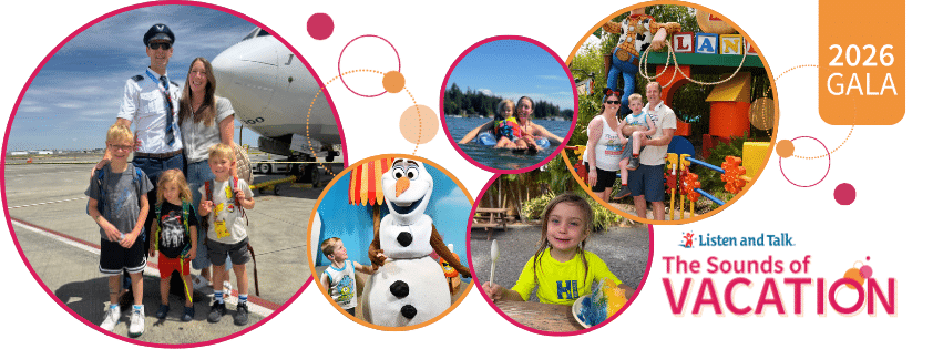 Large circle with pink outline filled with image of a family with a pilot standing in front of an airplane. To the right bottom is an image of a child looking up at a person in a snowman costume. To the right of that is an image of a child in a bright yellow swim shirt holding a spoon in his right hand with a frozen treat visible next to him. Above that is a photo of a mom and child outdoors on raft on a lake. To the far right is a large circle with an image of a woman on the left wearing Mickey ears and man on the right holding a child up in front of a kiosk at an amusement park. 