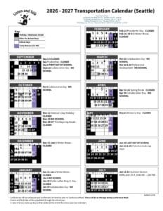 Black and White 2026-2027 Listen and Talk Calendar for Transportation for the Seattle site.
