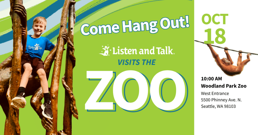 Image of a boy with light brown hair hanging between some long tree branches. He is wearing a blue t-shirt that says Listen and Talk in white writing. There is a green background with blue and white stripes behind the boy,.
