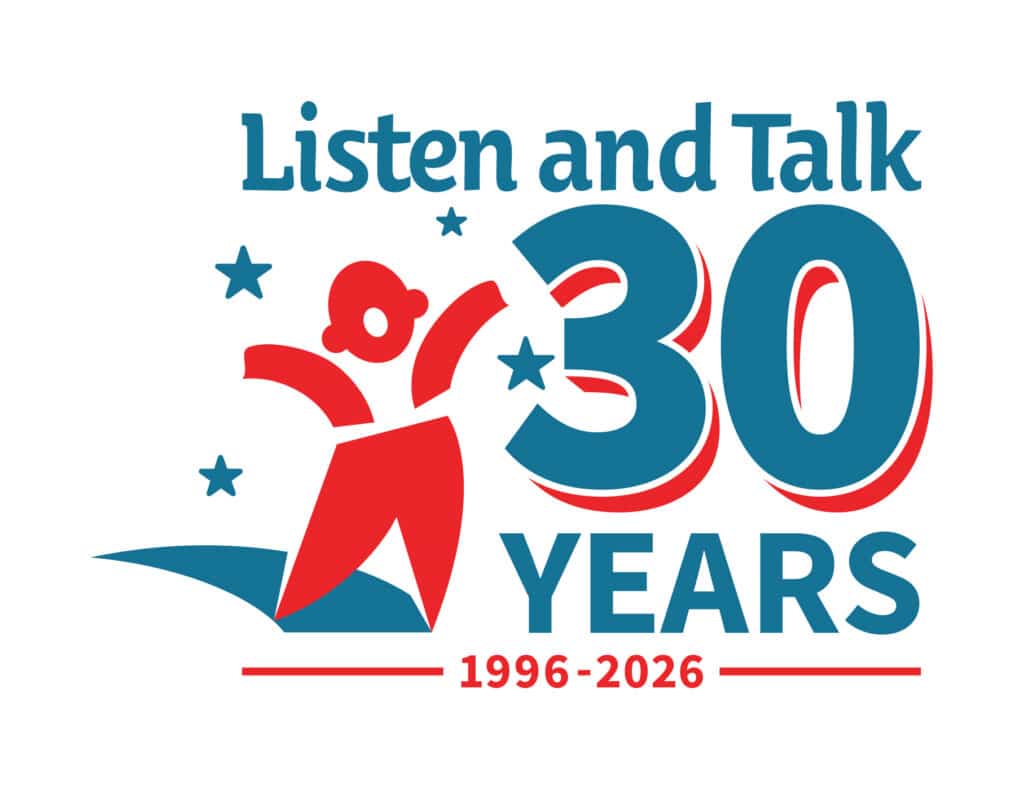 Image has Listen and Talk text in medium blue at the top. A red graphic of a child wearing hearing technology with outstretched arms is on the lower left. The number 30 is in large blue font in the middle with a red shadow outline. Under this it says years in medium blue caps with the years 1996-2026 underneath in red. There are blue star graphics on the left surrounding the red figure.